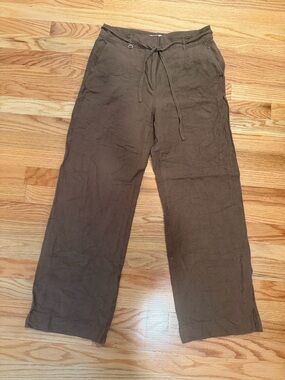 LOFT Linen Blend Wide Leg Pants Brown Size 6T Tall Removable Tie Belt